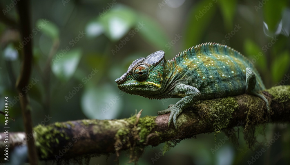 Poster green lizard perching on branch in forest generated by ai