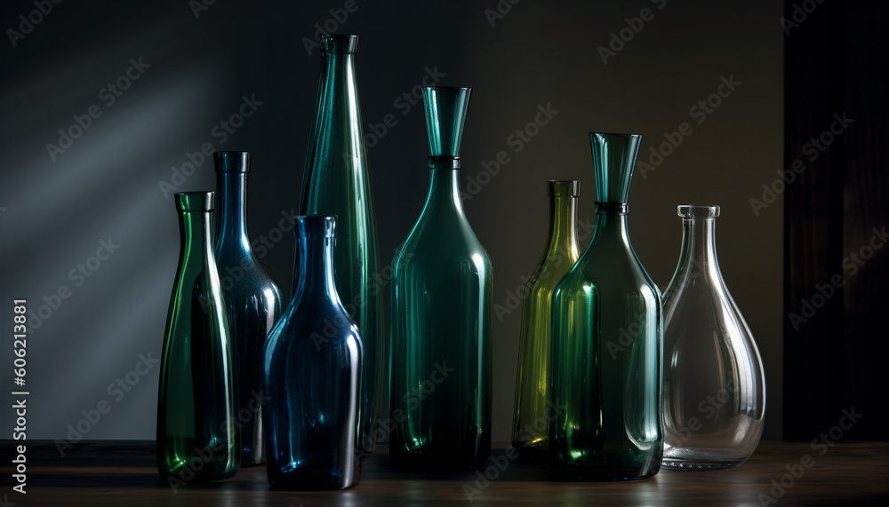 Poster transparent wine bottle on table with reflection generated by ai