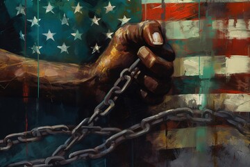 Black Lives Matter. The problem of culture, racism, and the descrImination of slavery. Juneteenth Emancipation Day. June 19. Freedom of Glosa Rights , fist of the chain Afro-American.