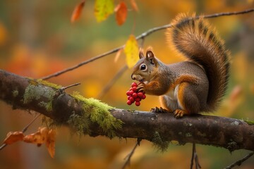 Naklejka na ściany i meble AI Generated Image of a playful squirrel nibbling on berries, perched on a tree branch overlooking a forest in fall colors