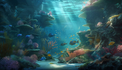 Fototapeta premium Multi colored fish swim in tropical coral reef generated by AI