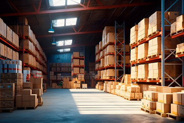 huge warehouse with racks to the ceiling lined with cardboard boxes, generative ai