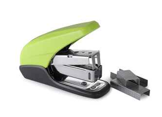 Bright green stapler with staples isolated on white