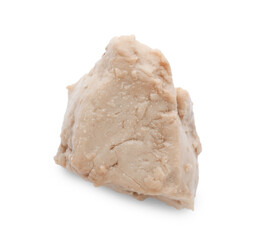 Piece of tasty cod liver on white background, top view