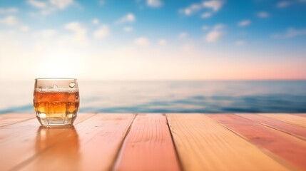 Wood table on the beach with blur sparkling sea water and blue sunny sky, relaxing holiday and summer vacation in hotel. Created using Generative AI.	