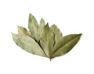 Pile of aromatic bay leaves on white background, top view