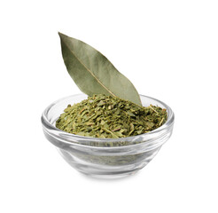 Whole and ground aromatic bay leaves on white background