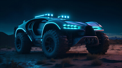 A futuristic atv vehicle with glowing lights in the desert Generative Ai