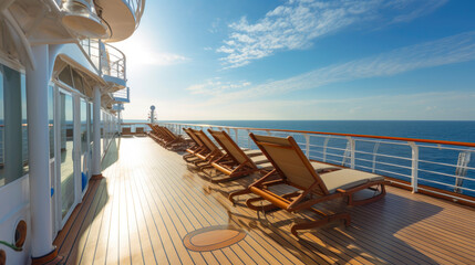 The expansive and pristine deck of a cruise ship, with rows of lounge chairs under a bright blue sky - obrazy, fototapety, plakaty