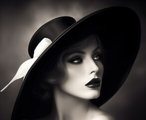 A black and white portrait shot of a woman wearing a hat Generative Ai
