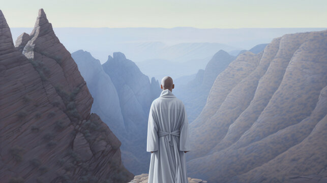 A bald monk wearing a white robe standing on top of a mountain with a robe on Generative Ai