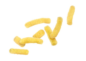 Many tasty corn sticks falling on white background