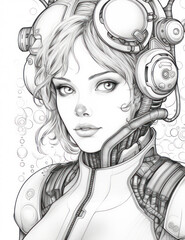 Darling Cyborg Charmer: A Coloring Page of a Delicate and Cute Cyborg Girl, Generative AI