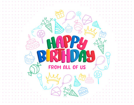 Happy birthday text vector design. Happy birthday greeting typography in empty space with doodle party elements. Vector illustration party and event background.