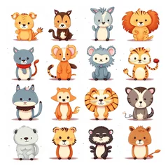 Fotobehang Schattige dieren set Cartoon cute animals for baby card and invitation. Vector illustration. Lion, dog, bunny, bear, panda, tiger, cat, fox. Generative AI.