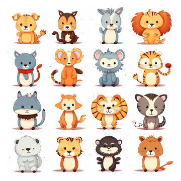 Cartoon cute animals for baby card and invitation. Vector illustration. Lion, dog, bunny, bear, panda, tiger, cat, fox. Generative AI.