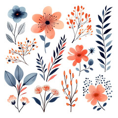 watercolor flowers  collection. herbs, herbaceous flowering plants, blooming flowers, subshrubs isolated on white background. Generative AI.