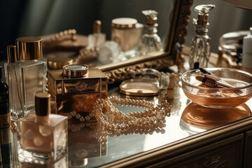 Fototapeta na wymiar Dressing table with perfumes and pearl beads. Generative AI.
