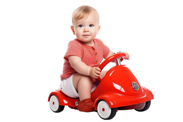 Baby on a toy car isolated on transparent or white background. Generative AI