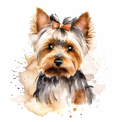 Generative AI Yorkshire Terrier vector portrait hand draw. Colours bright dog on gray background isolated.