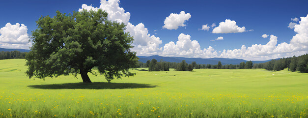 Pastoral scenery, grassland, panoramic view.  generative AI illustration.