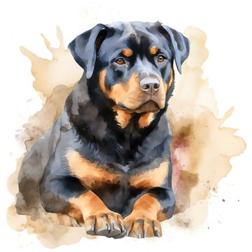 Rottweiler Watercolor Clipart In White Background Generative AI.