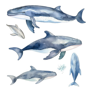 Generative AI Watercolor whale on a white background. Beautiful blue whale. 52 hertz. Inhabitant in the waters of the oceans. Whale watercolor set. Ideal for postcard, book, poster, banner. 