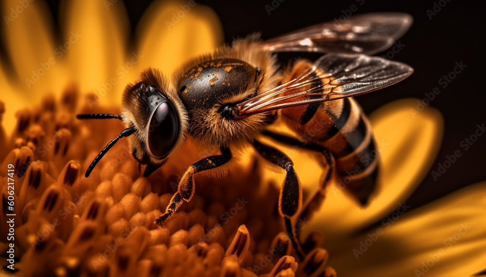 Wall mural Busy bee pollinates yellow flower in summer generated by AI