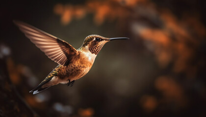 Fototapeta premium Hummingbird flapping wings, hovering mid air, vibrant colors generated by AI