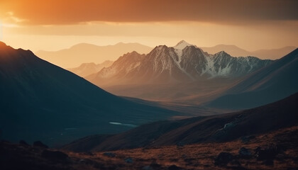 Naklejka na ściany i meble Majestic mountain range, tranquil meadow, backlit sunset generated by AI