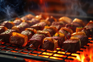 Rump steak in pieces on skewers on the grill, barbecue party food. Generative AI.