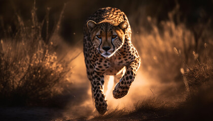 Fototapeta na wymiar Spotted cheetah walking majestically in African savannah generated by AI