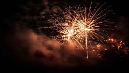Fototapeta premium Glowing fireworks illuminate dark night sky exploding generated by AI