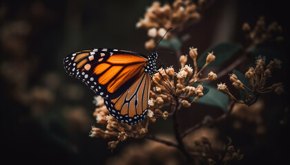 Fototapeta na wymiar Vibrant monarch butterfly wing in summer forest generated by AI