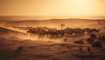 Fototapeta na wymiar Camel herd grazes in tranquil African wilderness generated by AI