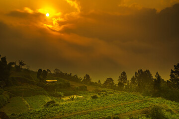 Hazy sunset over green village on the mountain slopes of Merbabu, Central Java, Indonesia.
