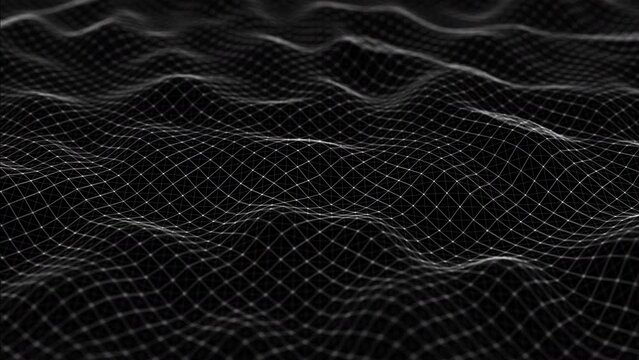 Flowing smooth Plexus terrain waves background. Grid, mesh of dots and lines. Big data connection. Seamless loop animation