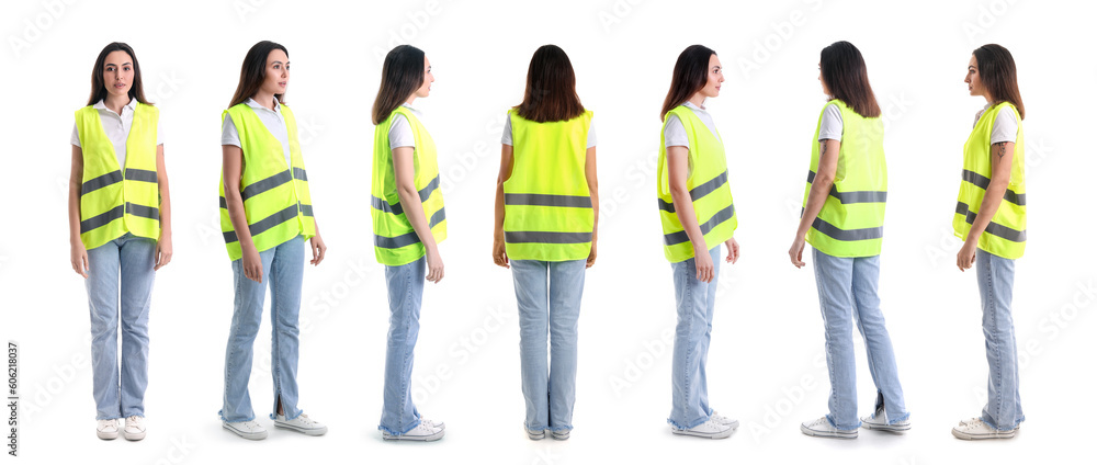 Wall mural Female worker in vest on white background