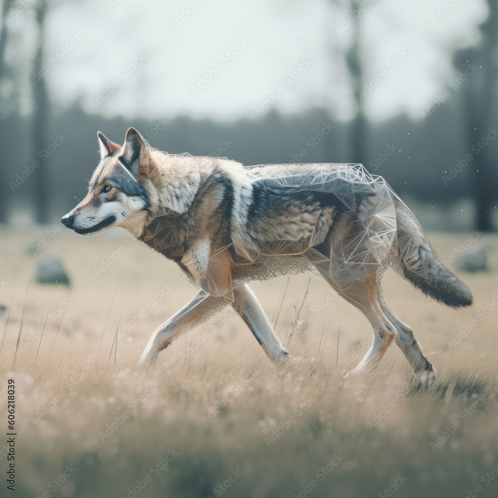Poster a wolf running through a field of tall grass. ai generative image.