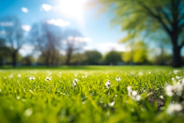 Beautiful blurred background image of spring nature with trimmed lawn surrounded by trees against a blue sky with clouds on a bright sunny day. Copyspace. Generative AI