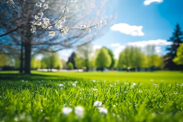 Beautiful blurred background image of spring nature with trimmed lawn surrounded by trees against a blue sky with clouds on a bright sunny day. Copyspace. Generative AI