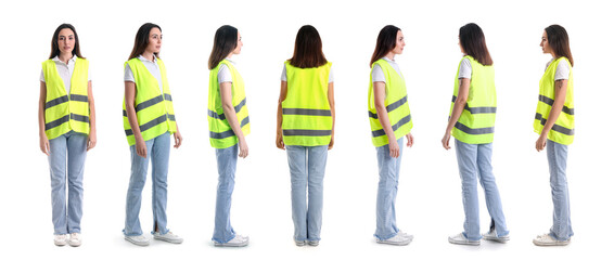 Female worker in vest on white background