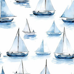 Watercolor sailboats in the blue sea. Seamless tile pattern. AI generated
