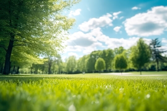 Beautiful blurred background image of spring nature with trimmed lawn surrounded by trees against a blue sky with clouds on a bright sunny day. Copyspace. Generative AI