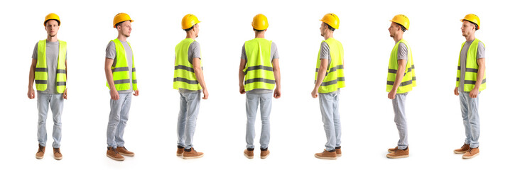Female worker in vest on white background