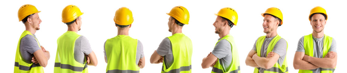 Female worker in vest on white background