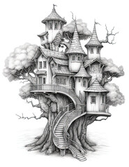 Whimsical Treehouse Haven: A Fantasy Grayscale Coloring Page, Generative AI