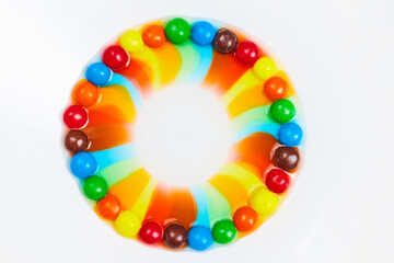 Skittle candy portal with colored water from food dyes
