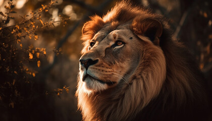 Naklejka premium Majestic lioness hiding in grass, hunter strength generated by AI