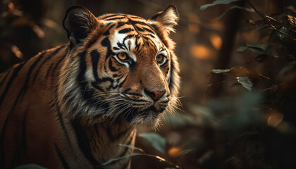 Fototapeta premium Majestic Bengal tiger staring fiercely at camera generated by AI
